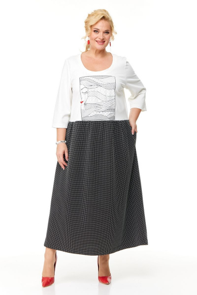 Черное oversize платье с вышивкой и карманами для стильных образов OVERYOU М116 черно-белый - фото 6