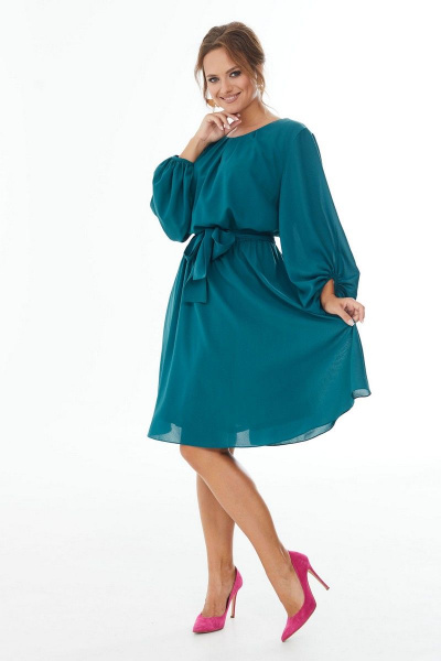Платье мини из шифона с широкими рукавами Condra 2406 изумрудный - фото 2