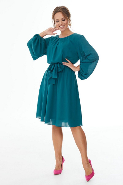Платье мини из шифона с широкими рукавами Condra 2406 изумрудный - фото 1