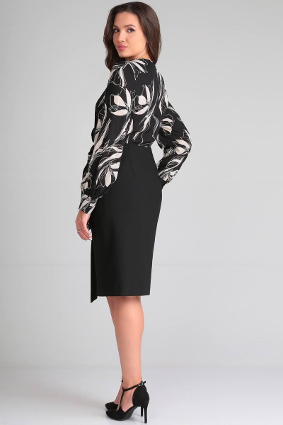Платье деловое на запахе с бантами и вытачками LeNata 11337 цветы-на-черном - фото 5