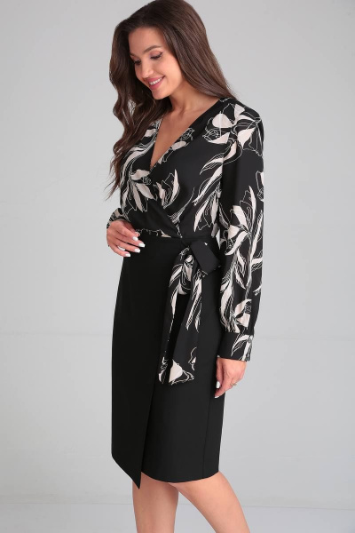 Платье деловое на запахе с бантами и вытачками LeNata 11337 цветы-на-черном - фото 3