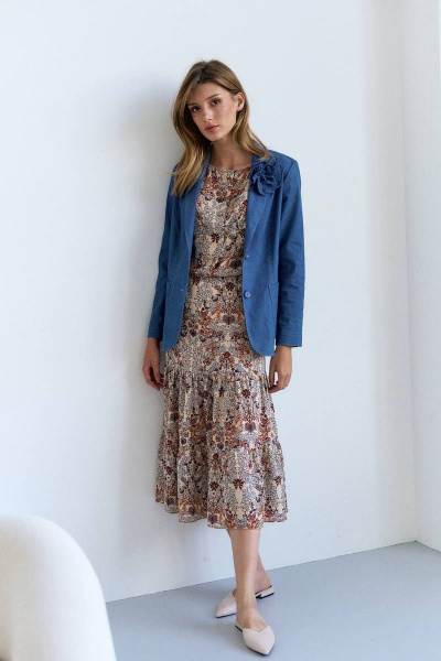 Платье свободного кроя с воланами и разрезом LeNata 11354 рисунок-на-бежевом - фото 8