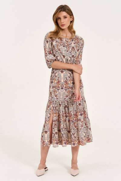 Платье свободного кроя с воланами и разрезом LeNata 11354 рисунок-на-бежевом - фото 5