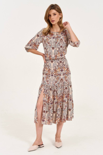 Платье свободного кроя с воланами и разрезом LeNata 11354 рисунок-на-бежевом - фото 4