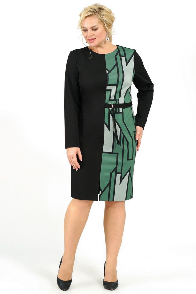 Платье деловое из трикотажа с разрезом и поясом Alani Collection 1998 черный+зеленый - фото 4