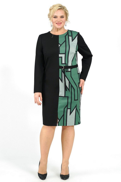Платье деловое из трикотажа с разрезом и поясом Alani Collection 1998 черный+зеленый - фото 3