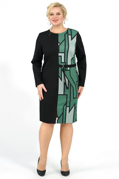 Платье деловое из трикотажа с разрезом и поясом Alani Collection 1998 черный+зеленый - фото 2