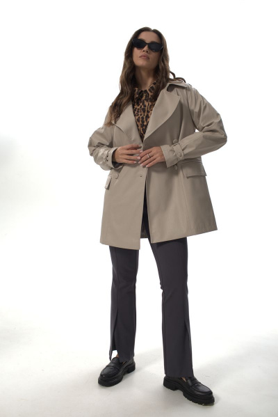 Жакет-тренч двубортный из эко-кожи с поясом демисезонный Abbi 6006 бежевый - фото 6