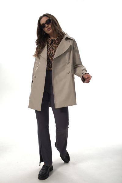 Жакет-тренч двубортный из эко-кожи с поясом демисезонный Abbi 6006 бежевый - фото 3
