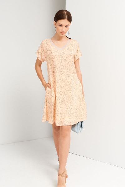 Бежевое платье вышитым декором, короткое с V-воротником BURVIN 9082-81 - фото 1