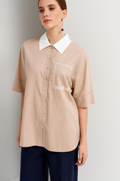 Бежевая хлопковая блузка с рюшей и регланными рукавами BURVIN 9110-51 - фото 1