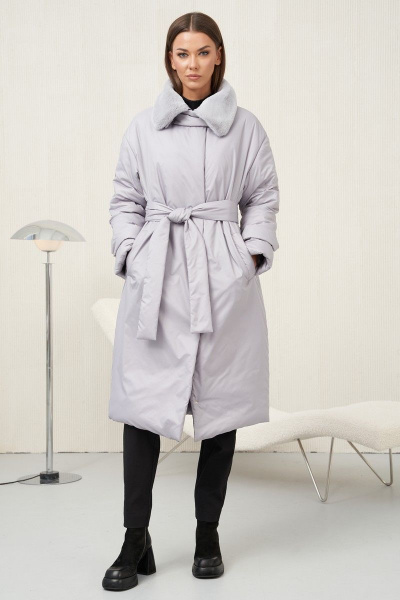 Стёганое демисезонное пальто с отстегивающимся меховым воротником Fantazia Mod 4593 серый - фото 1