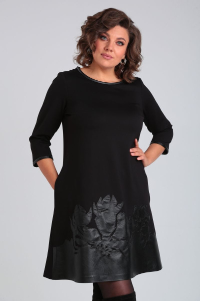 Демисезонное платье трапециевидного силуэта с вышивкой и карманами Michel chic 2140 черный - фото 1