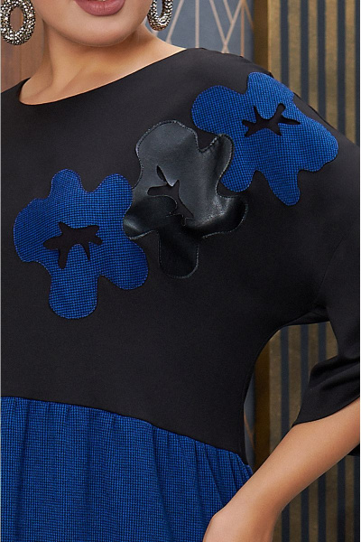 Платье свободное бохо с аппликацией из эко кожи и трикотажа Lissana 4783 синий - фото 5