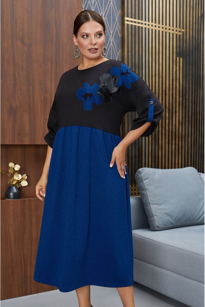 Платье свободное бохо с аппликацией из эко кожи и трикотажа Lissana 4783 синий - фото 2