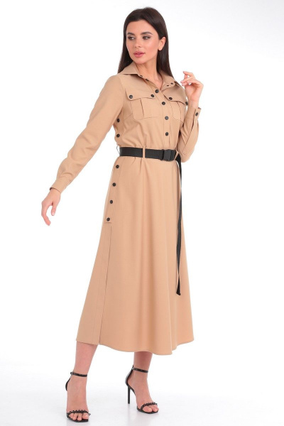 Бежевое платье из вискозы с нагрудными карманами и поясом Angelina & Сo 821 - фото 6