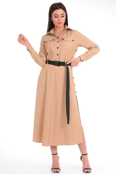 Бежевое платье из вискозы с нагрудными карманами и поясом Angelina & Сo 821 - фото 5