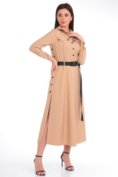 Бежевое платье из вискозы с нагрудными карманами и поясом Angelina & Сo 821 - фото 4