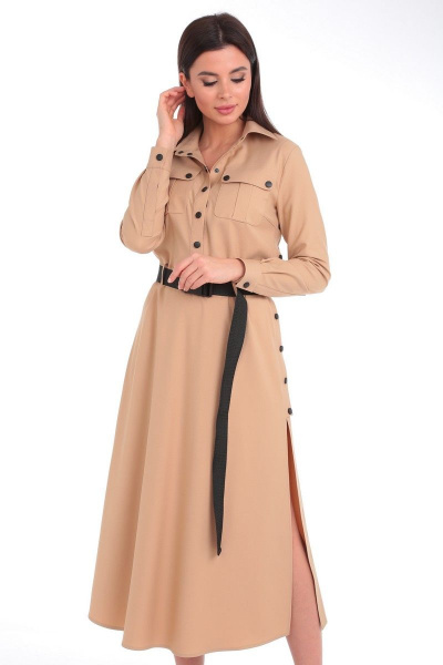 Бежевое платье из вискозы с нагрудными карманами и поясом Angelina & Сo 821 - фото 3