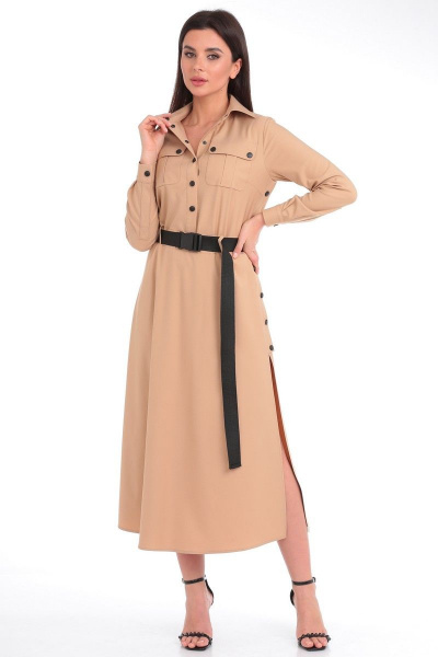 Бежевое платье из вискозы с нагрудными карманами и поясом Angelina & Сo 821 - фото 1