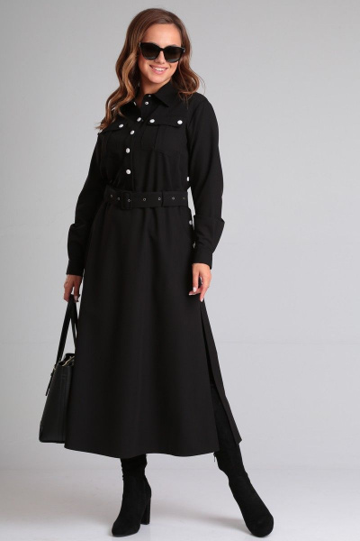Черное платье из текстиля с накладными карманами и поясом Angelina & Сompany 890 - фото 7