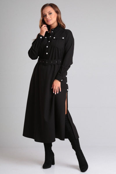Черное платье из текстиля с накладными карманами и поясом Angelina & Сompany 890 - фото 6