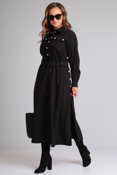 Черное платье из текстиля с накладными карманами и поясом Angelina & Сompany 890 - фото 5