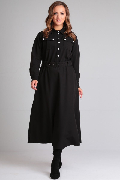 Черное платье из текстиля с накладными карманами и поясом Angelina & Сompany 890 - фото 4