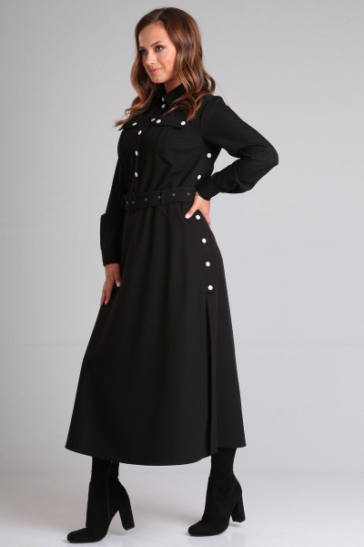 Черное платье из текстиля с накладными карманами и поясом Angelina & Сompany 890 - фото 3