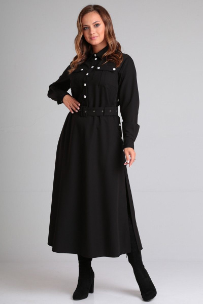 Черное платье из текстиля с накладными карманами и поясом Angelina & Сompany 890 - фото 1