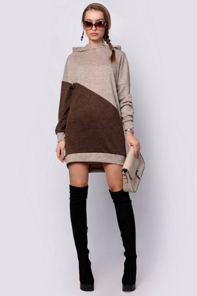 Демисезонный джемпер из вискозы и трикотажа свободного кроя Patriciа F14968 бежевый,коричневый - фото 1