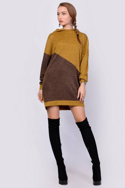 Демисезонный свободный джемпер из вискозы и трикотажа Patriciа F14968 горчичный,коричневый - фото 1