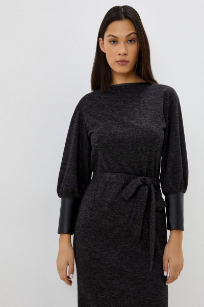 Платье с поясом и боковым разрезом из вискозы Patriciа F15238 черный - фото 2