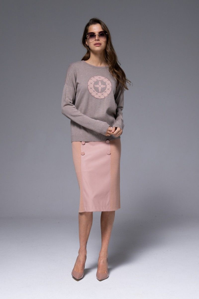 Демисезонная юбка из трикотажа и экокожи с пуговицами Barbara Geratti С8229BG т.пудра - фото 1