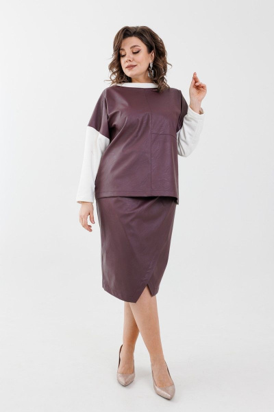Эко-кожа и трикотажный костюм с юбкой и свитшотом Anelli 1262 слива - фото 2