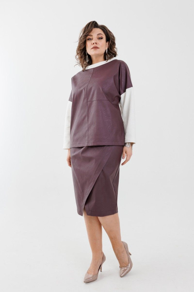 Эко-кожа и трикотажный костюм с юбкой и свитшотом Anelli 1262 слива - фото 1