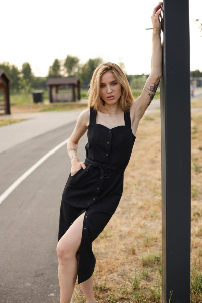 Сарафан миди с металлическими пуговицами и карманами STUCILLI 1015 черный - фото 1