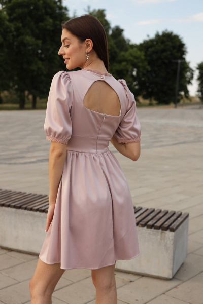 Пушковое платье из атласа с кружевом и широким поясом STUCILLI 1016 пудра - фото 2