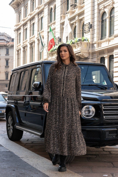 Платье свободного силуэта с кружевной отделкой и воланами MALI 423-067 черно-бежевый - фото 1