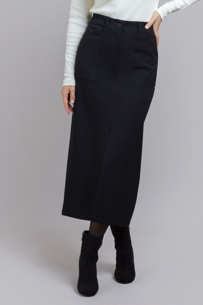 Черная макси юбка из стрейча с накладными карманами и разрезом Mirolia 1209 чёрный - фото 2