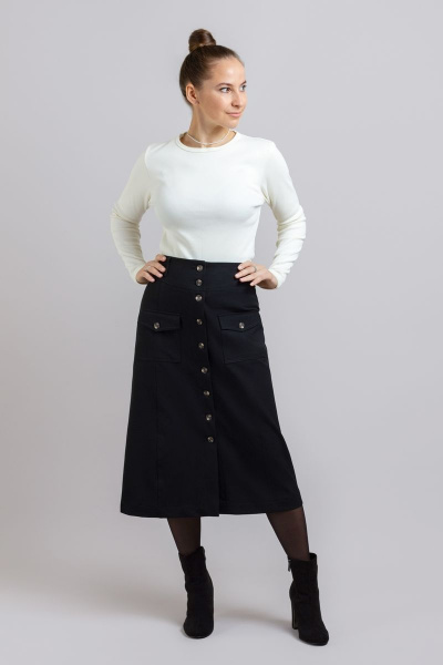 Черная миди юбка-трапеция из габардина с рельефами Mirolia 1213 чёрный - фото 2