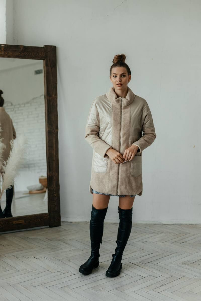 Пальто комбинированное демисезонное бежевое на замке со стильными деталями Стильная леди М-671 бежевый - фото 6