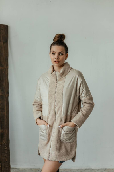 Пальто комбинированное демисезонное бежевое на замке со стильными деталями Стильная леди М-671 бежевый - фото 2