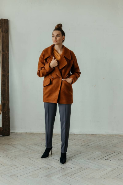 Коричневое полупальто оверсайз на подкладке Стильная леди М-667 терракот - фото 4