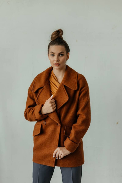 Коричневое полупальто оверсайз на подкладке Стильная леди М-667 терракот - фото 1
