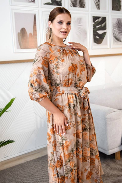 Длинное платье из текстиля с поясом-завязкой ASV 2643 рыжий - фото 3