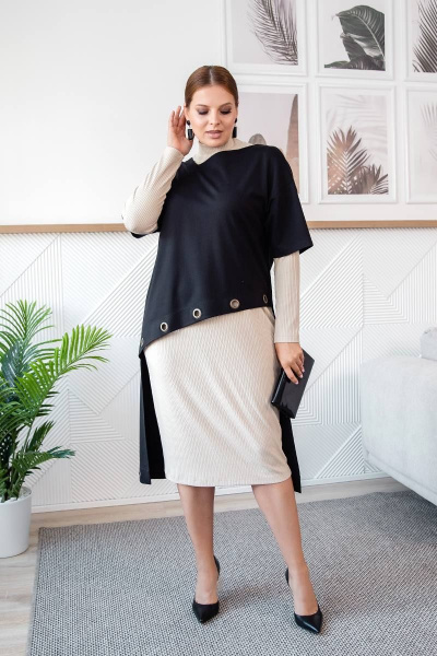 Комплект платье и туника с асимметричным вырезом ASV 2620 черно-бежевый - фото 1
