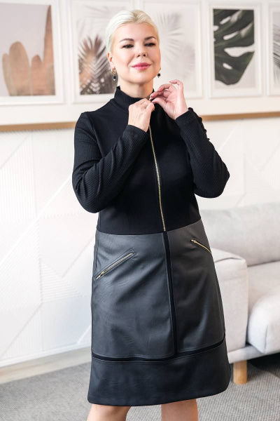 Комбинированное платье из эко-кожи и трикотажа с застежкой-молнией ASV 2618 черный - фото 9