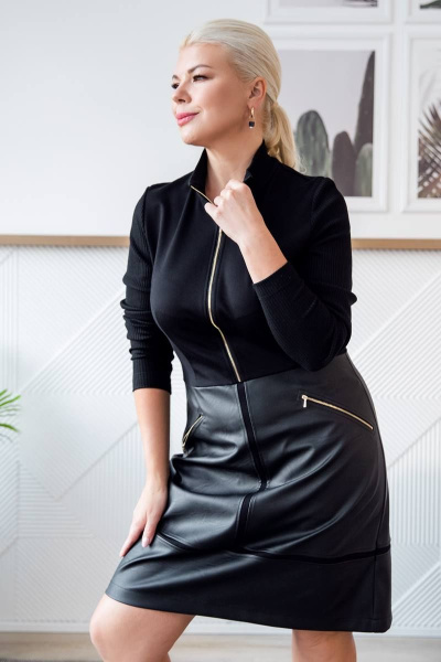 Комбинированное платье из эко-кожи и трикотажа с застежкой-молнией ASV 2618 черный - фото 1