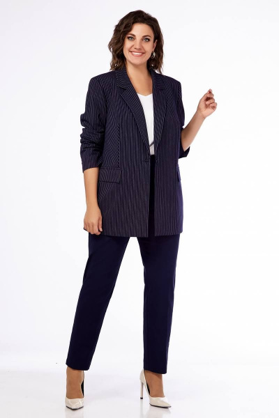 Деловой костюм из текстиля в светлую полоску для size+ Ольга Стиль С-819 синий_полоска - фото 3